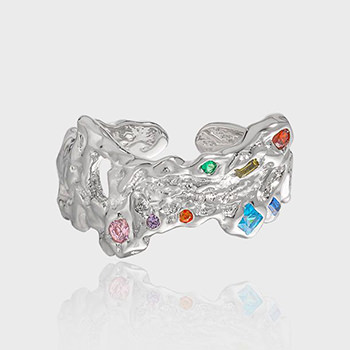 Modern Colorful CZ Irregular Wide 925 Sterling Silver Adjustable Ring