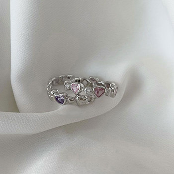 Women Pink Purple CZ Heart in Heart 925 Sterling Silver Adjustable Ring