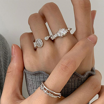 Geometry Baguette CZ Mini Bubbles 925 Sterling Silver Adjustable Ring