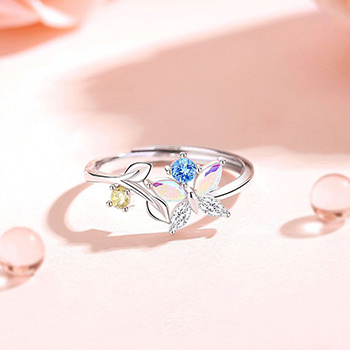 Fashion  Colorful CZ Butterfly Leaves 925 Sterling Silver Adjustable Ring