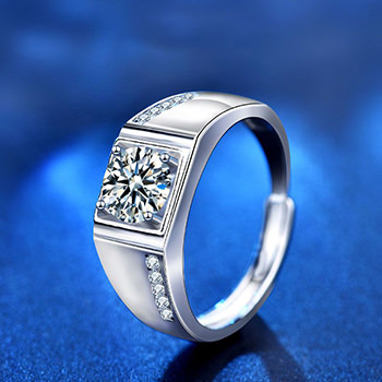 Men's Geometry Square Moissanite CZ 925 Sterling Silver Adjustable Ring