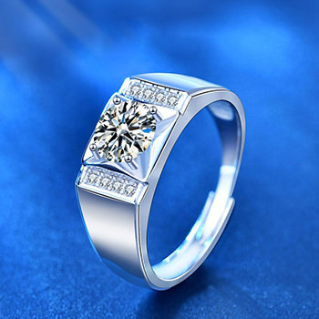 Men's Square Moissanite CZ Geometry Fashion Silver Adjustable Ring