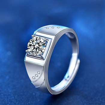 Men's Simple Moissanite CZ Geometry Square Silver Adjustable Ring