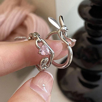 Cute Running Bunny Rabbit Pink CZ Heart 925 Sterling Silver Adjustable Ring