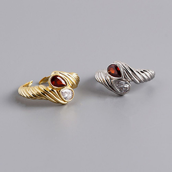 Twisted Pattern Red White Waterdrop CZ Silver Adjustable Ring