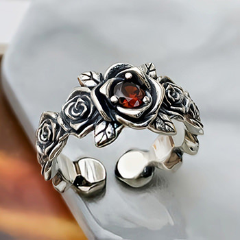 Women Vintage Red CZ Rose Flower 925 Sterling Silver Adjustable Ring