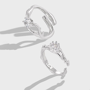 Anniversary Irregular Wave Round CZ Silver Adjustable Couple Ring