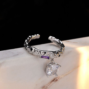 Women Elegant Dangling Round CZ 925 Sterling Silver Adjustable Ring