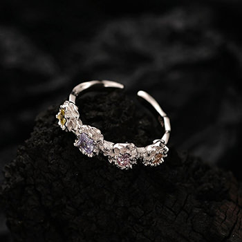 Women Colorful CZ Flower 925 Sterling Silver Adjustable Ring