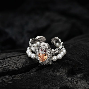 Halloween Double Layers Shell Pearls CZ Ghost Silver Adjustable Ring