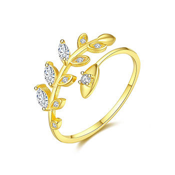 Cubic Zirconia Olive Leaves Branch 925 Sterling Silver Adjustable Ring