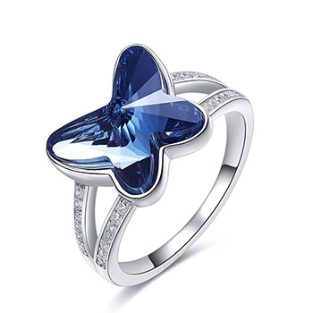 Elegant Blue Crystal Butterfly 925 Sterling Silver Adjustable Ring