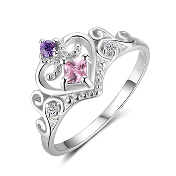 Crown With Purple Pink Cubic Zirconia Solid 925 Sterling Sliver Ring