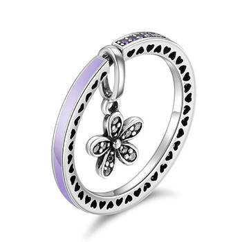 Fashion Flower Pendant Epoxy Cubic Zirconia 925 Silver Ring