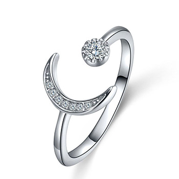 Trendy Satr Moon Crescent 925 Silver Adjustable Ring