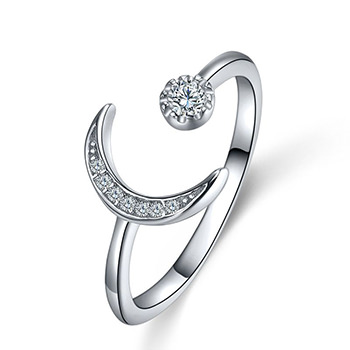 Moon Crescent Cubic Zirconia 925 Sterling Silver Adjustable Ring