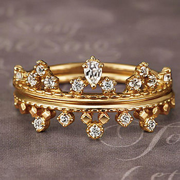 Royal Crown White Cubic Zirconia Golden 925 Sterling Silver Stackable Rings