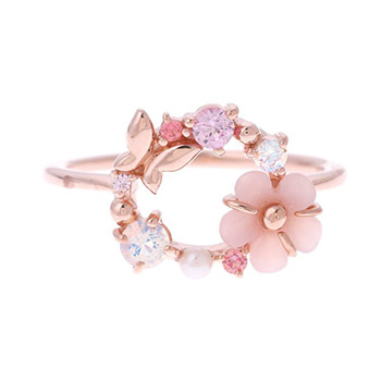 Pink Cubic Zirconia Flower Rose Yellow Gold 925 Sterling Silver Butterfly Ring