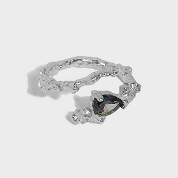 Unique Black Waterdrop CZ Irregular 925 Sterling Silver Adjustable Ring