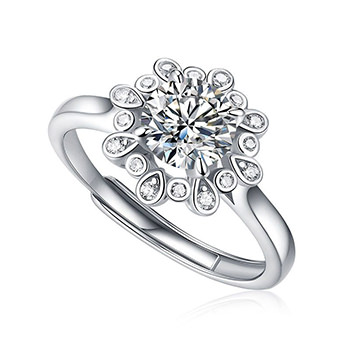 Wedding Moissanite CZ Peonies Flower 925 Sterling Silver Adjustable Ring