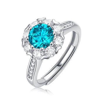 Blue Round Moissanite CZ Flower 925 Sterling Silver Adjustable Ring