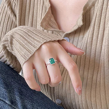 Geometry Green CZ Emerald Square 925 Sterling Silver Adjustable Ring