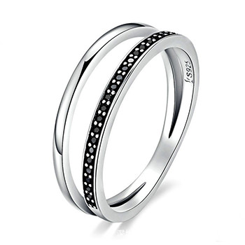 Double Line 925 Sterling Silver Black CZ Ring