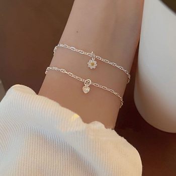 Girl Heart Moonstone Flat Daisy Flower Marina Chain Silver Bracelet