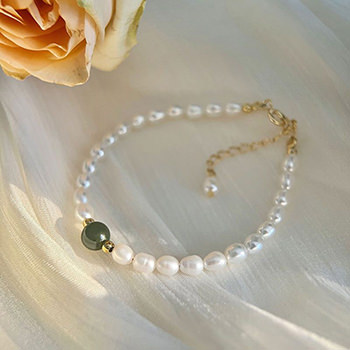 Oval Shell Pearls Round Created Jade 925 Sterling Silver Bracelet