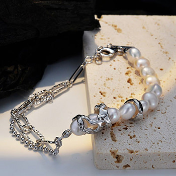 Elegant Natural Baroque Pearls 925 Sterling Silver Curb Chian Montage Bracelet