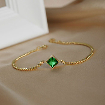 Elegant Green CZ Square Curb Chain 925 Sterling Silver Bracelet