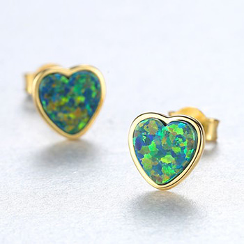 Round Heart Created Opal 925 Sterling Silver Studs Earrings