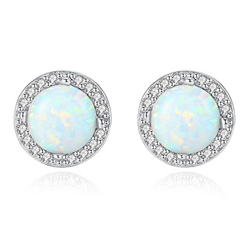 Round Cubic Zirconia Created Opal 925 Sterling Silver Studs Earrings