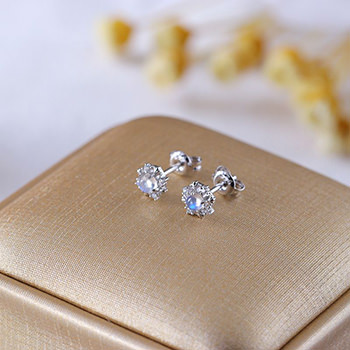 Natural Blue Moonstone Hollow Flower Silver Stud Earrings