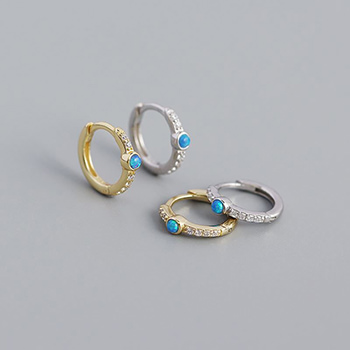 Blue Created Opal CZ 925 Sterling Silver Hoop Earrings