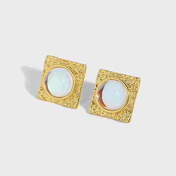 Office Geometry Square Round Created Moonstone Silver Stud Earrings