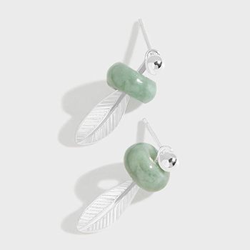 Green Natural Jade Circle Feather 925 Sterling Silver Stud Earrings