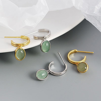 Simple Green Oval Natural Aventurine 925 Sterling Silver Hoop Earrings