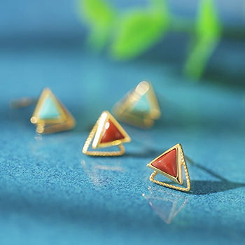 Geometry Natural Agate/Turquoise Double Triangle Silver Stud Earrings