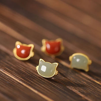 Cute Natural Agate/Nephrite Cat Head Animal Silver Stud Earrings