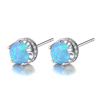 Simple Round Natural Opal CZ 925 Sterling Silver Stud Earrings