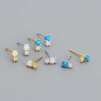 Round Created Opal Snowman  CZ 925 Sterling Silver Stud Earrings