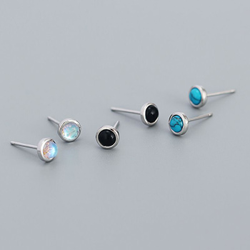 Round Created Agate Moonstone Turquoise  925 Sterling Silver Stud Earrings