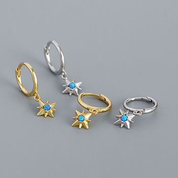 Created Opal Octagonal Star 925 Sterling Silver Hoop Earrings