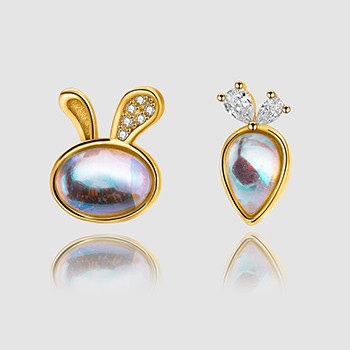 Cute Asymmetry Natural Moonstone Bunny Rabbit Carrot Silver Stud Earrings