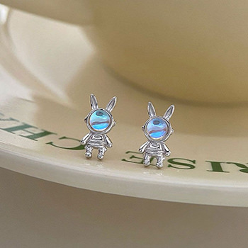 Cute Created Moonstone Bunny Astronaut 925 Sterling Silver Stud Earrings