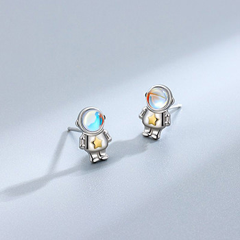 Gift Created Moonstone Star Astronaut 925 Sterling Silver Stud Earrings