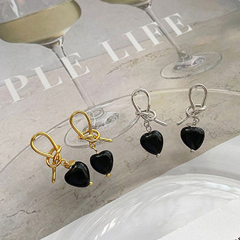 Office Black Agate Heart Knot 925 Sterling Silver Dangling Earrings