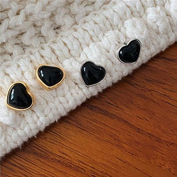 Black Natural Agate Heart 925 Sterling Silver Stud Earrings