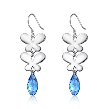 Party Austrian Crystal Waterdrop Butterfly 925 Sterling Silver Dangling Earrings